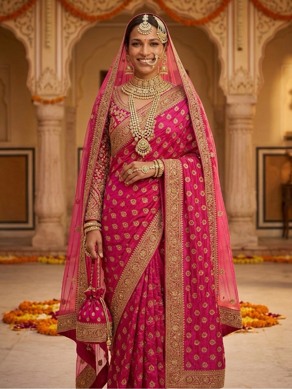 Vibrant Hot Pink Sari with Gold Embellishments
